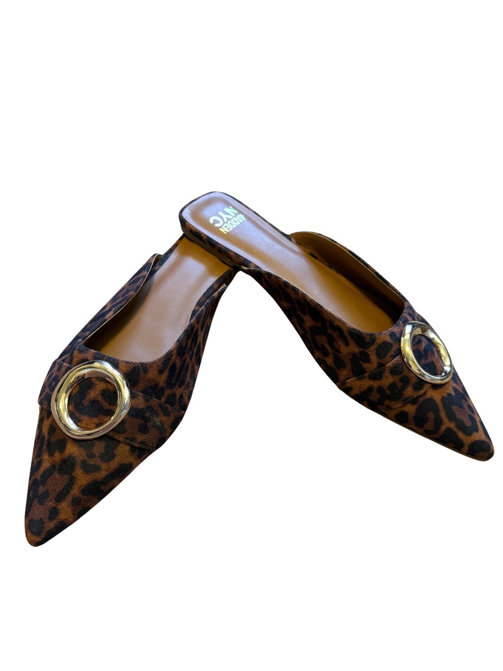 Madden NYC Leopard Print Pointed Toe Mule Slip On Shoes Gold Buckle Size 11 EUC